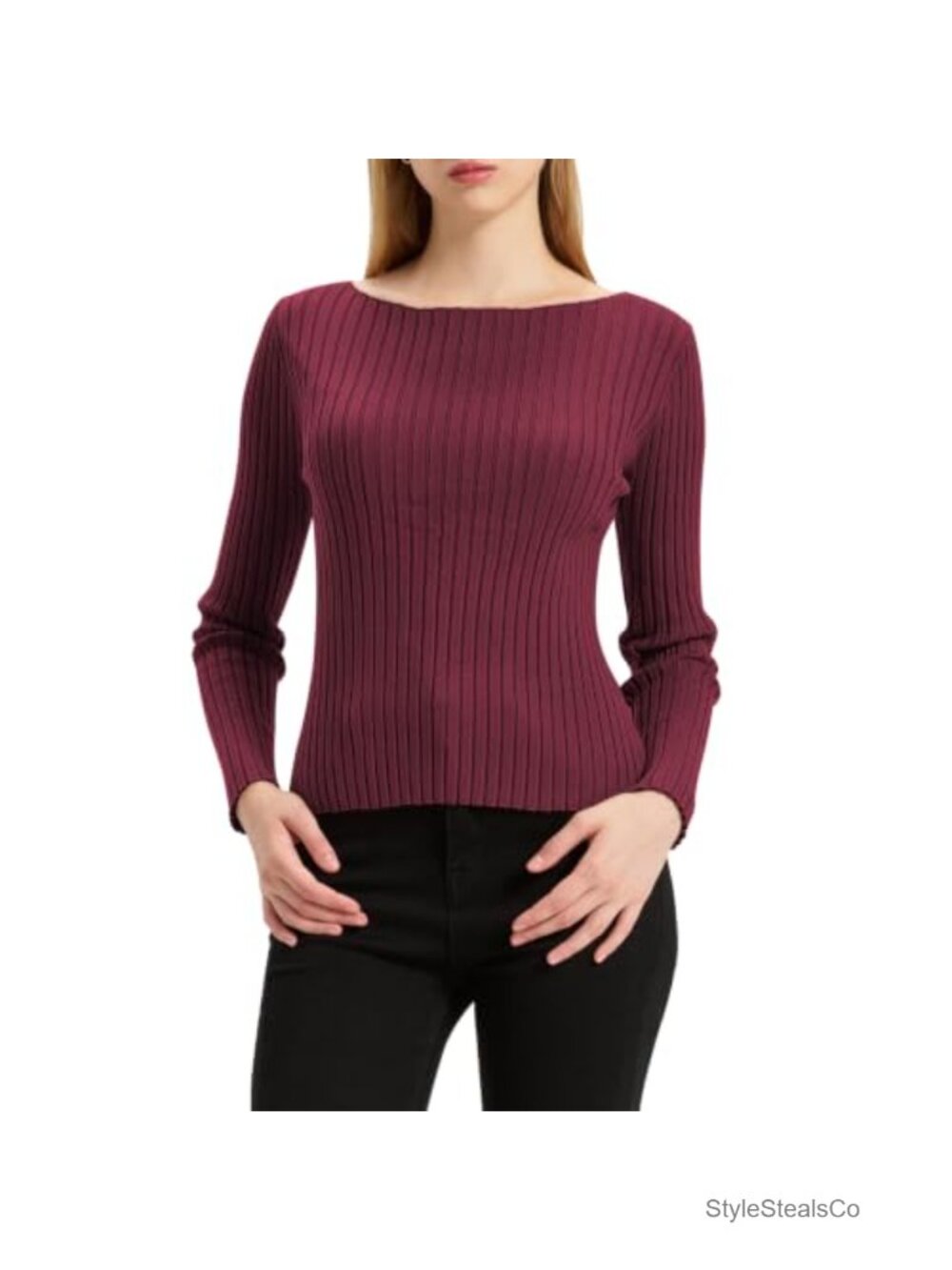 Womens Boat Neck Long Sleeve Fitted Ribbed Knit Sweater Pullover